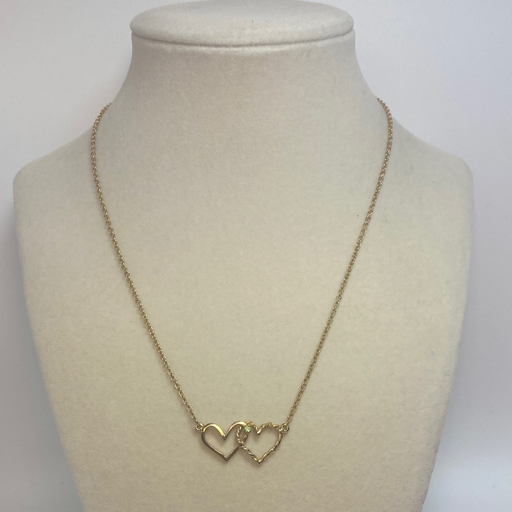 Gold Tone Double Heart Pendant Necklace 16 Inches with Birthstone for August
